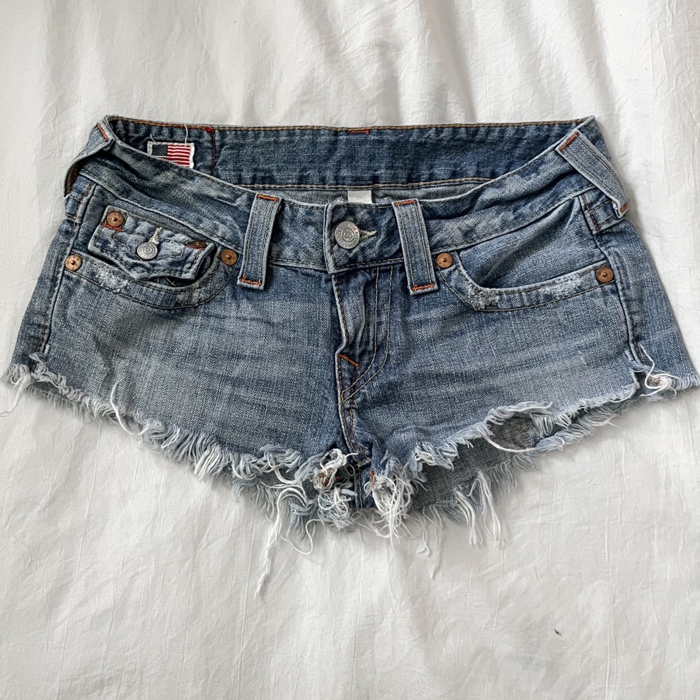 True Religion Low rise Frayed Denim Shorts